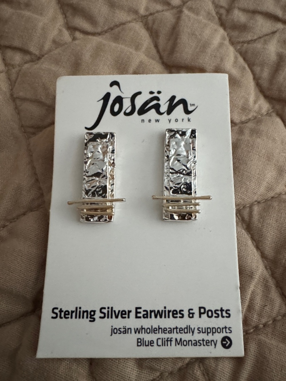 Two-Tone Textured Bar Post Earrings — Silver with Gold Accent